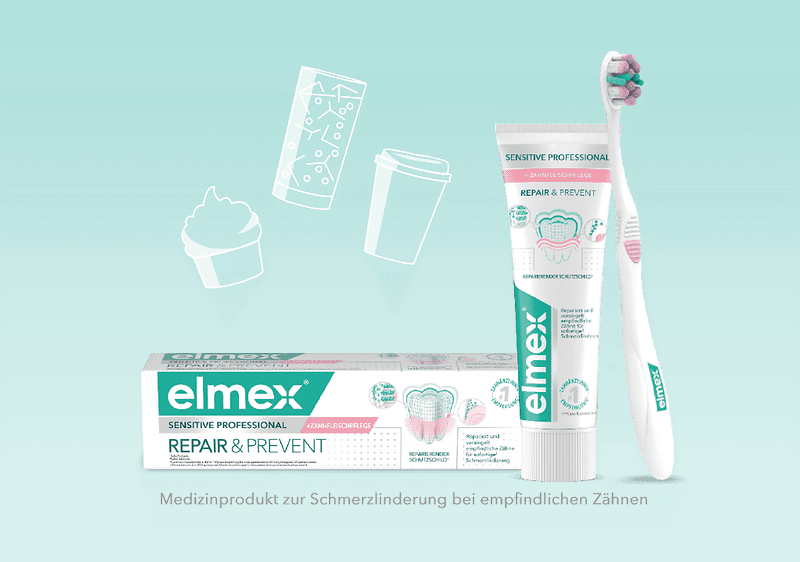 Zahnpasta Elmex Repair & Prevent mit Zahnbürste und Verpackung