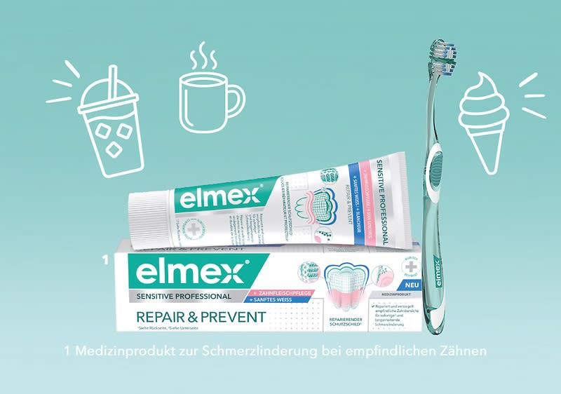 Zahnpasta-Tube und dazu passende Verpackung der Marke elmex mit Aufschrift „Sensitive Professional Repair & Prevent“, rechts eine transparente Handzahnbürste mit grünem Bürstenkopf, oben weiße Icons von Getränk, Tasse und Eistüte, unten Hinweistext zur Schmerzlinderung bei empfindlichen Zähnen