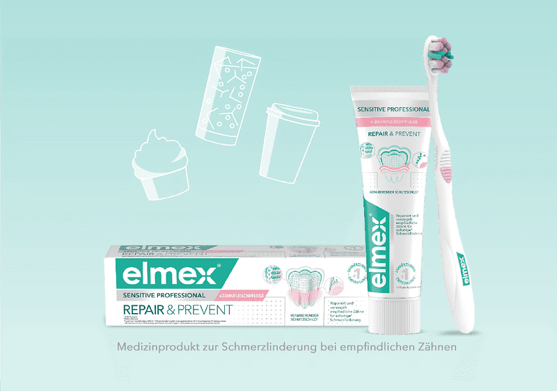 Zahnpasta Elmex Repair & Prevent mit Zahnbürste und Verpackung