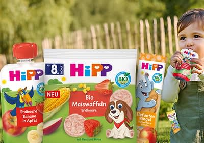 Hipp Bio Kinderprodukte mit Erdbeere Geschmacksrichtungen