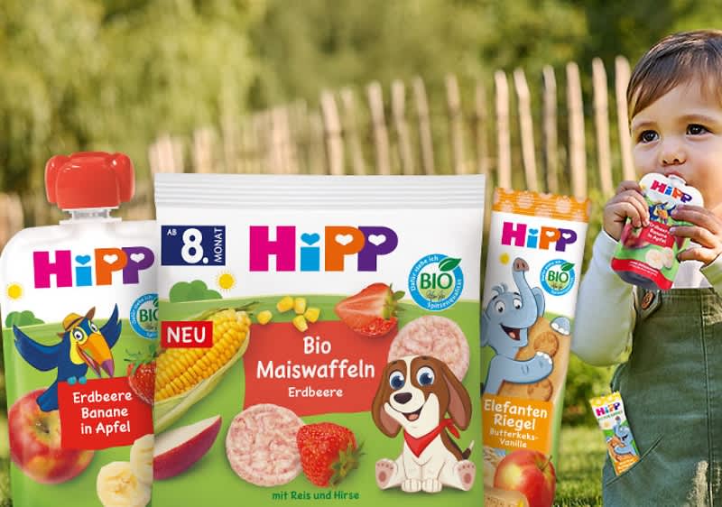 Hipp Bio Kinderprodukte mit Erdbeere Geschmacksrichtungen