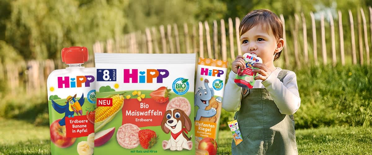 Hipp Bio Kinderprodukte mit Erdbeere Geschmacksrichtungen
