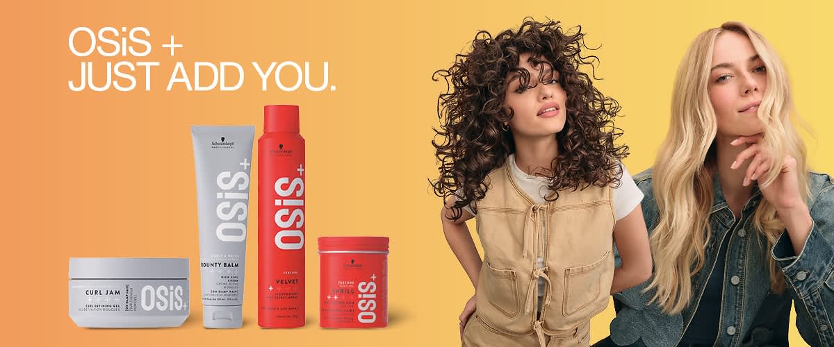 Osis Haarpflegeprodukte vor gelbem Hintergrund mit Frau