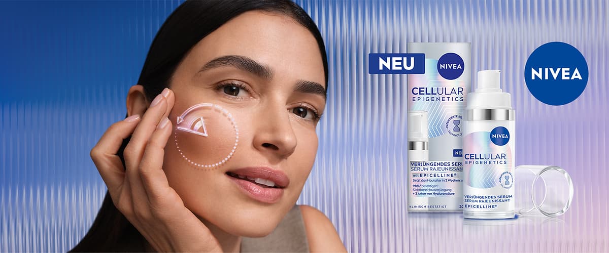 NIVEA Cellular Epigenetics Serum Verpackung und Flasche mit Deckel auf gestreiftem Hintergrund