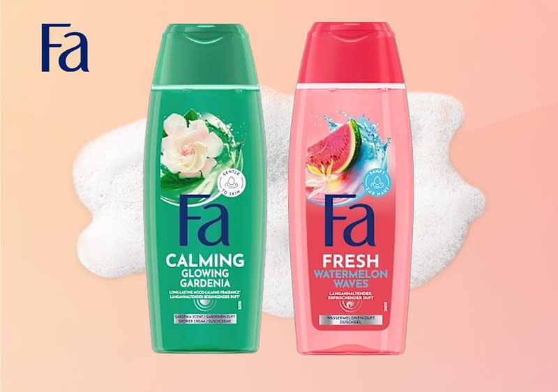 Fa Duschgel Flaschen Calming Gardenia und Fresh Watermelon Waves auf Seifenblasen Hintergrund
