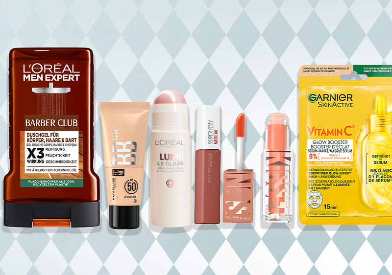 Pflegeprodukte Collage mit Duschgel BB-Creme Lippenpflege Lippenstift Vitamin C Maske