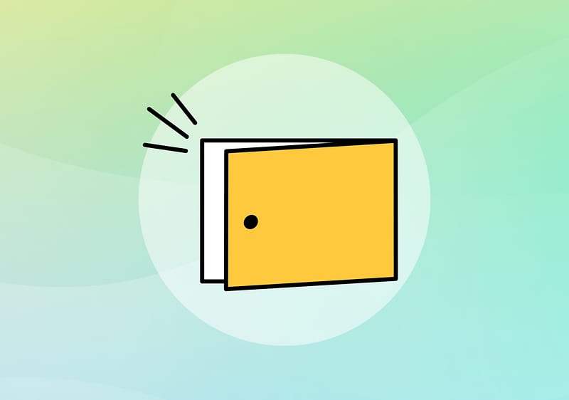 Eine stilisierte gelbe Tür mit einem schwarzen Türknauf, die leicht geöffnet ist, vor einem hellen, kreisförmigen Hintergrund, begleitet von einem roten Kreis mit einem weißen Ausrufezeichen in der oberen linken Ecke