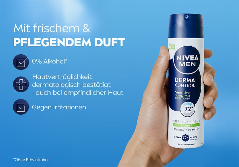 Nivea Men Derma Control Deo mit frischem und pflegendem Duft in Hand gehalten