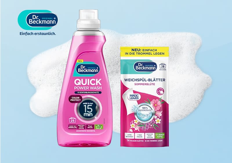 Dr. Beckmann Waschmittel und Weichspüler vor Schaumhintergrund