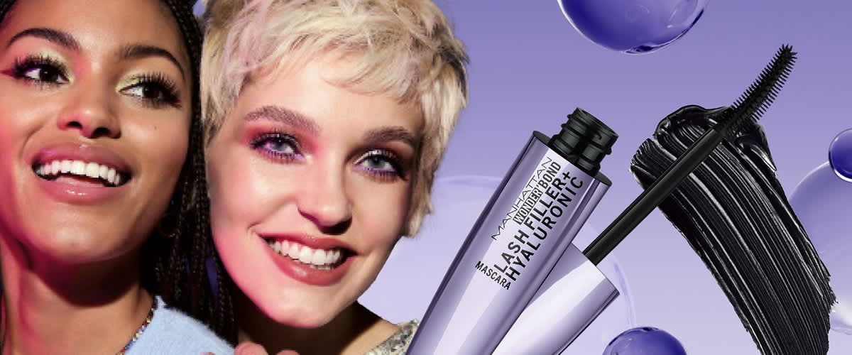 Mascara mit Hyaluronsäure und Bürste vor lila Hintergrund