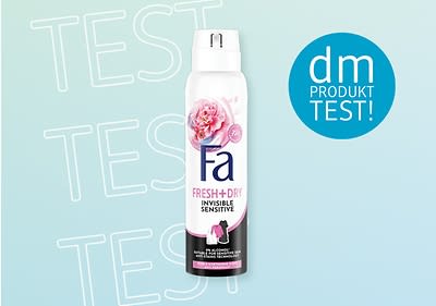 Fa Deospray Produkt-Test bei dm mit blauer Hintergrundfarbe