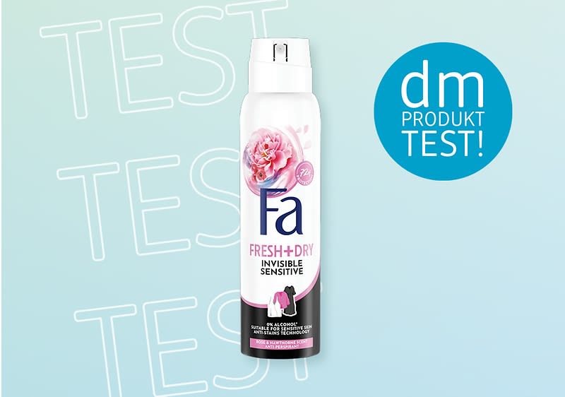 Fa Deospray Produkt-Test bei dm mit blauer Hintergrundfarbe
