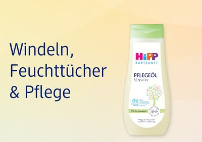 Hipp Pflegeöl mit Windeln Feuchttücher und Pflege Text