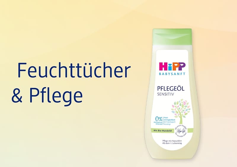 Hipp Pflegeöl mit Feuchttücher und Pflege Text