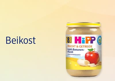 Beikost Apfel-Bananen-Müsli im Hipp-Glas mit Frucht und Getreide