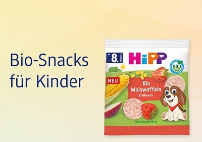 Bio-Snacks für Kinder Maiswaffeln Erdbeere Verpackung mit Hundemotiv