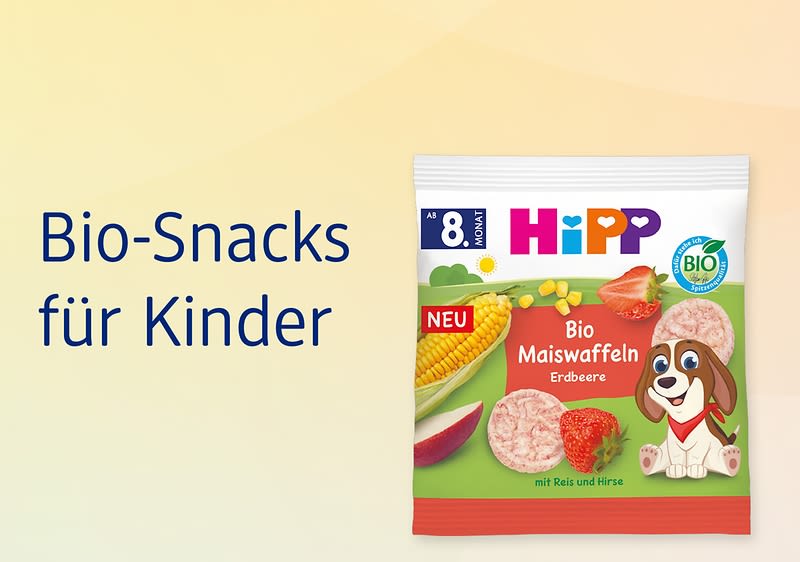 Bio-Snacks für Kinder Maiswaffeln Erdbeere Verpackung mit Hundemotiv