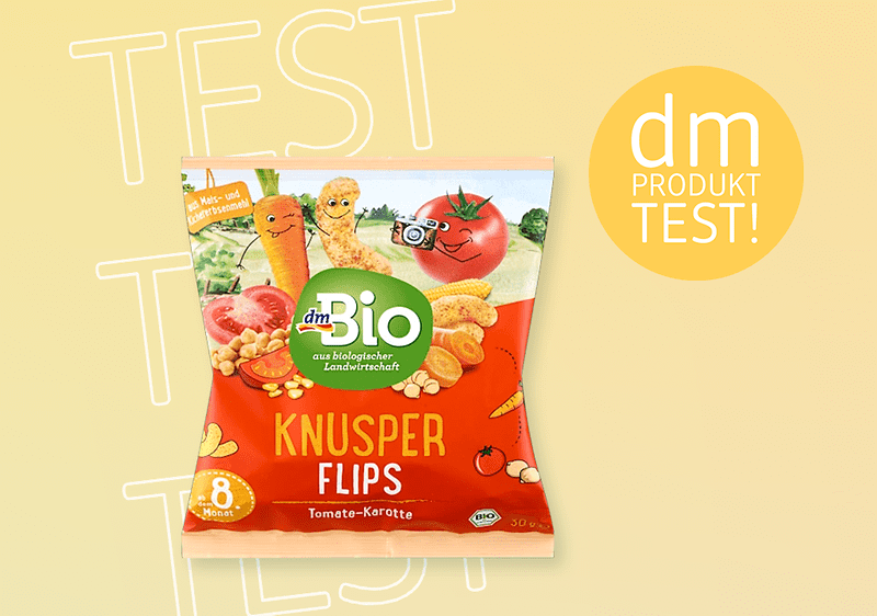 Knusper Flips Verpackung mit Tomate und Karotte auf gelbem Hintergrund