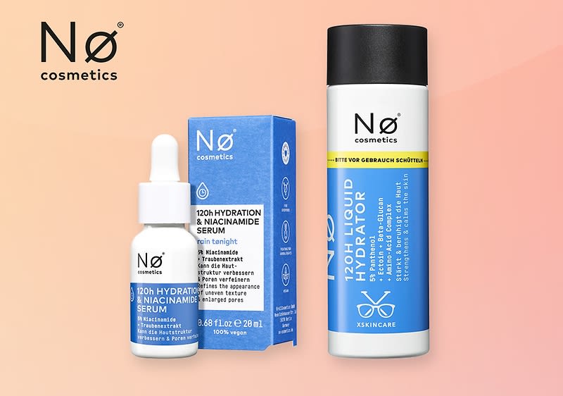 Nø cosmetics Hautpflegeprodukte Serum und Hydrator auf rosa Hintergrund