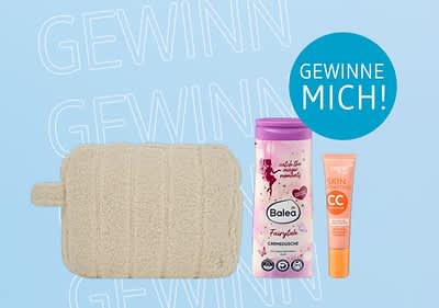 Gewinnspiel mit Duschcreme, CC Cream und Badeschwamm auf blauem Hintergrund