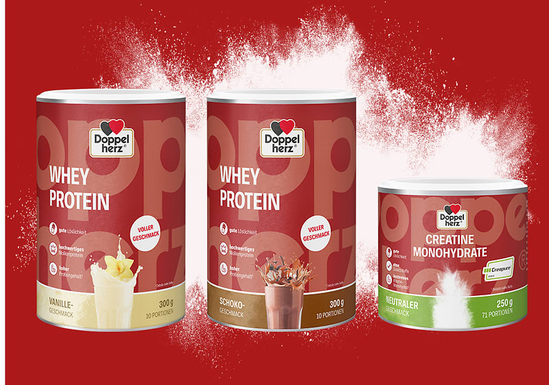 Doppelherz Proteinpulver und Kreatin in verschiedenen Geschmacksrichtungen