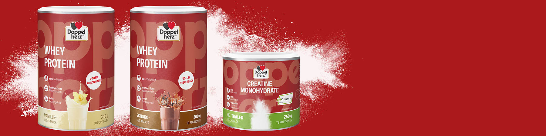 Doppelherz Proteinpulver und Kreatin in verschiedenen Geschmacksrichtungen