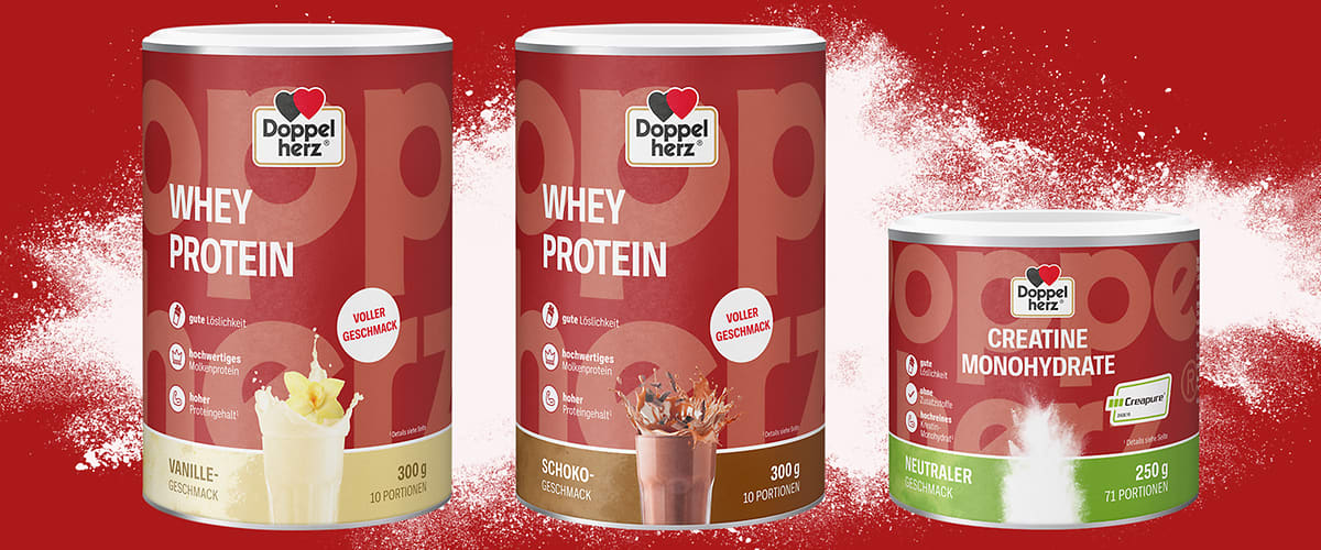 Doppelherz Proteinpulver und Kreatin in verschiedenen Geschmacksrichtungen