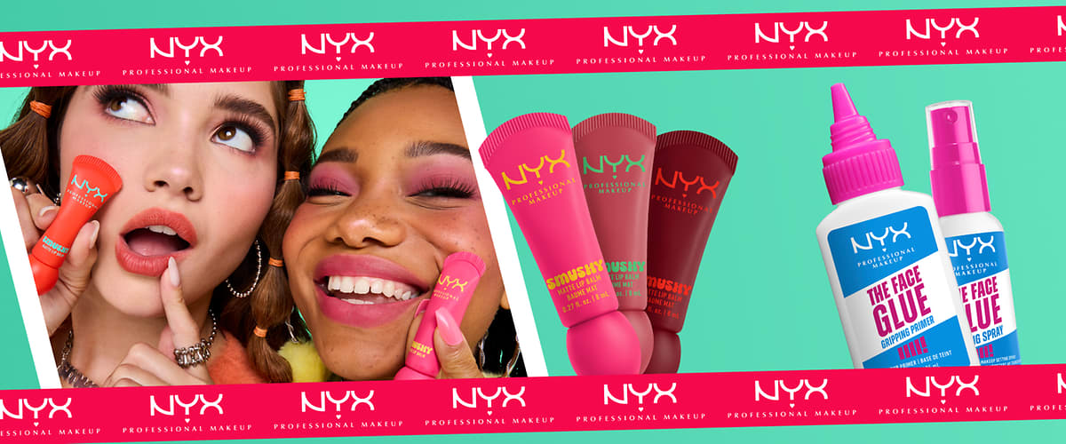 NYX Lippenstift und Make-up-Produkte mit verschwommenen Gesichtern