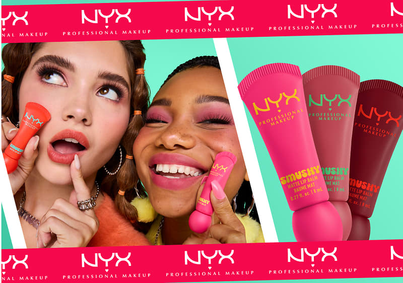 NYX Make-up Collage mit Lippenstift und verschwommenen Gesichtern