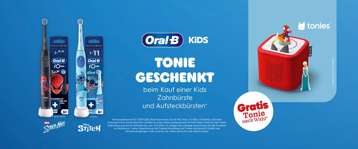 Blauer Werbehintergrund mit zwei Oral‑B Kids Elektrische Zahnbürsten links, eine dunkel mit Spider‑Man Motiv und eine hellblau mit Stitch Motiv, mittig Oral‑B Kids Logo und Text „Tonie geschenkt“, rechts eine rote Toniebox mit einer Spielfigur obenauf und daneben die Figur Elsa, unten ein weißer Kreis mit rotem Text „Gratis Tonie nach Wahl“