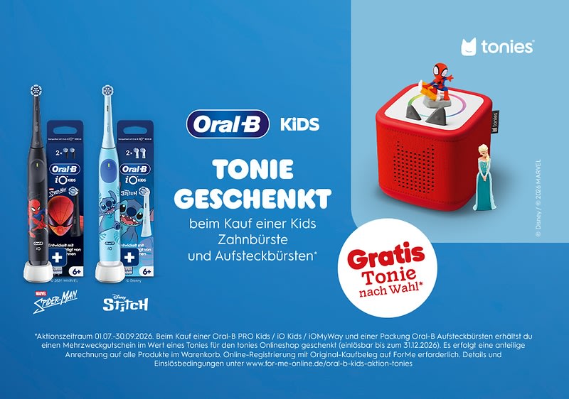 Blaues Werbebild mit zwei Oral‑B Kids Elektrischen Zahnbürsten links, mittig Schriftzug „Oral‑B KIDS TONIE GESCHENKT beim Kauf einer Kids Zahnbürste und Aufsteckbürsten“, rechts rote Toniebox mit Spider‑Man‑Figur oben und Elsa‑Figur daneben sowie roter Kreis „Gratis Tonie nach Wahl“