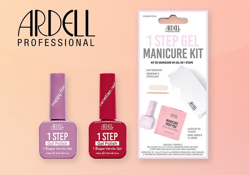 Zwei Flaschen Ardell 1 Step Gel Polish in Rosa und Rot, daneben Ardell 1 Step Gel Manicure Kit mit weißer Verpackung und pinkem Text