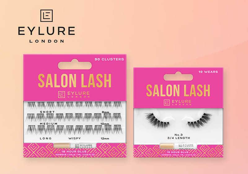 Zwei Eylure London Salon Lash Verpackungen in Pink, links mit 30 Wimpernclustern, rechts mit 3/4 Länge Wimpern, beide mit 18 Stunden Haltbarkeit