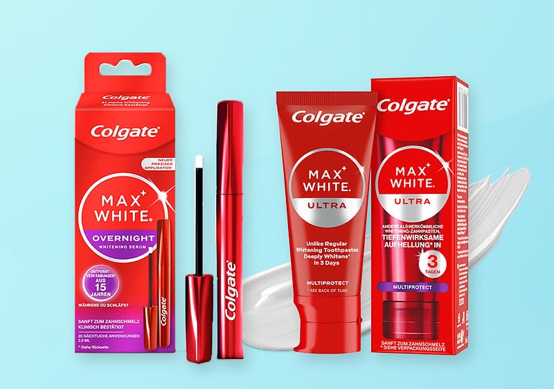 Zwei Colgate Max White Produkte: Overnight Whitening Serum und Ultra Whitening Zahnpasta auf blauem Hintergrund
