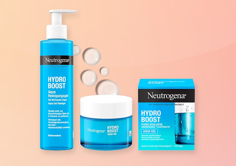 Zwei Neutrogena Hydro Boost Produkte: Aqua Reinigungsgel und Aqua Gel Verpackung mit blauen und weißen Designs auf rosa Hintergrund