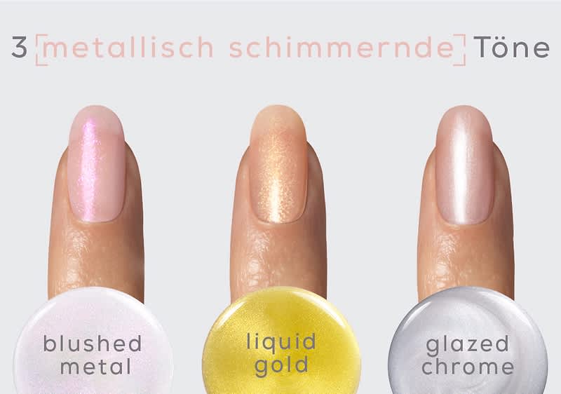 Drei Finger mit Nagellack in metallischen Tönen: links blushed metal, Mitte liquid gold, rechts glazed chrome. Oben der Text „3 metallisch schimmernde Töne“