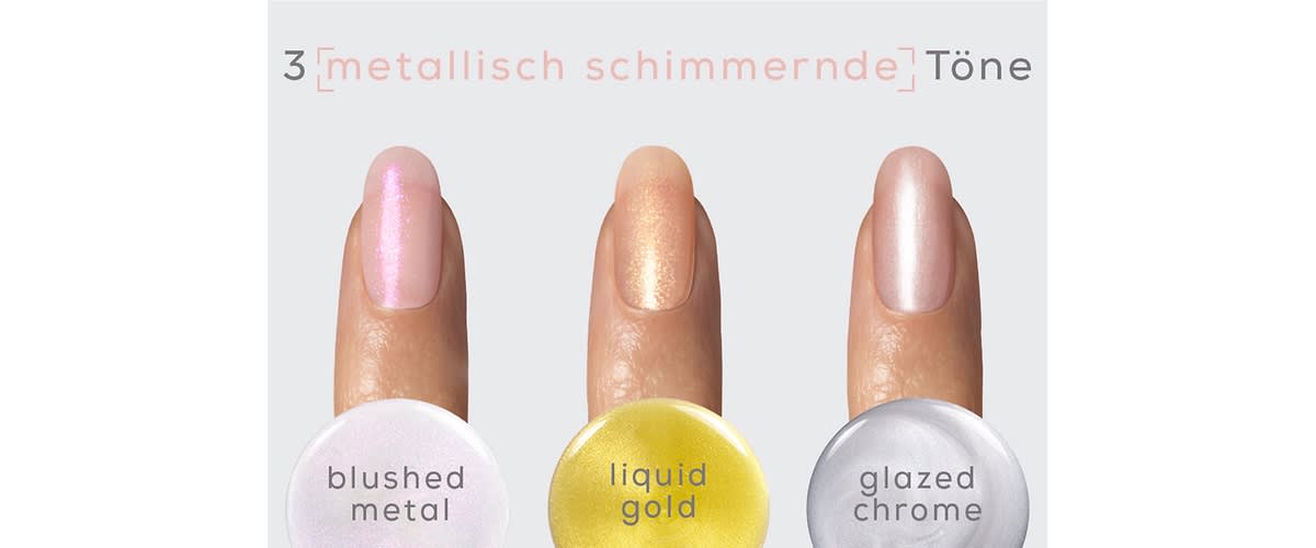 Drei Finger mit Nagellack in metallischen Tönen: links blushed metal, Mitte liquid gold, rechts glazed chrome. Oben der Text „3 metallisch schimmernde Töne“