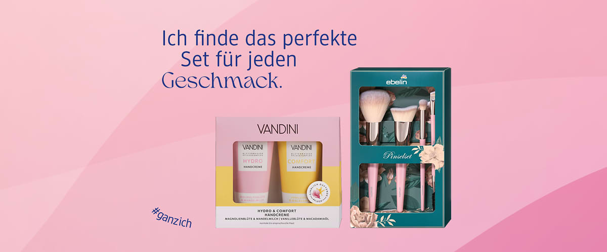 Geschenkset mit VANDINI Handcremes und ebelin Pinselset in dekorativer Verpackung, daneben der Text „Ich finde das perfekte Set für jeden Geschmack“