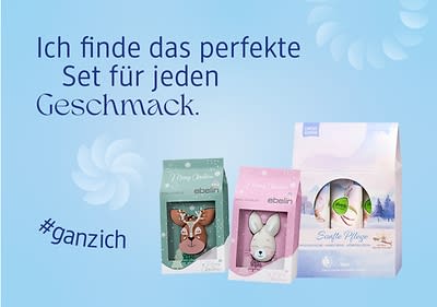 Zwei Geschenksets von Ebelin mit Make-up Schwämmchen, daneben ein Set mit Pflegeprodukten, blauer Hintergrund mit Text „Ich finde das perfekte Set für jeden Geschmack“ und „#ganzich“