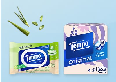 Links eine Packung Tempo Taschentücher mit Aloe Vera, rechts eine Tempo Original Box mit 60 Taschentüchern