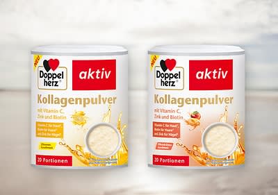 Zwei Dosen Doppelherz aktiv Kollagenpulver mit Vitamin C, Zink und Biotin, jeweils 20 Portionen, eine mit Orangengeschmack, eine mit Pfirsichgeschmack