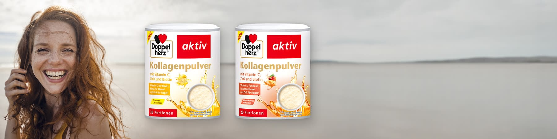 Zwei Dosen Doppelherz aktiv Kollagenpulver mit Vitamin C, Zink und Biotin, jeweils 20 Portionen, eine mit Orangengeschmack, eine mit Pfirsichgeschmack