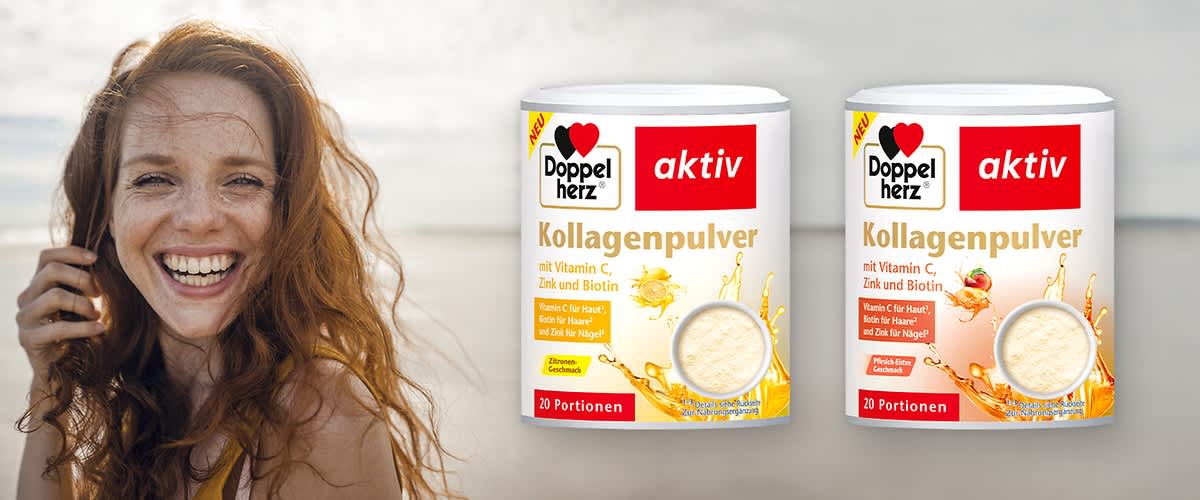Zwei Dosen Doppelherz aktiv Kollagenpulver mit Vitamin C, Zink und Biotin, jeweils 20 Portionen, eine mit Orangengeschmack, eine mit Pfirsichgeschmack
