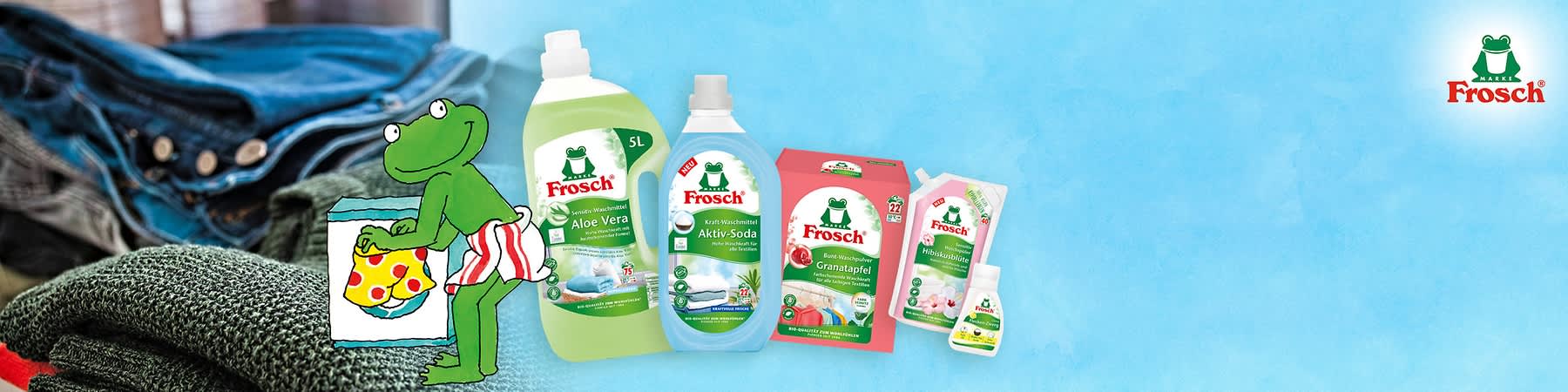 Eine Illustration zeigt einen Frosch in gestreifter Hose, der Wäsche wäscht. Daneben stehen Frosch Waschmittel Aloe Vera und Aktiv-Soda Flaschen.
