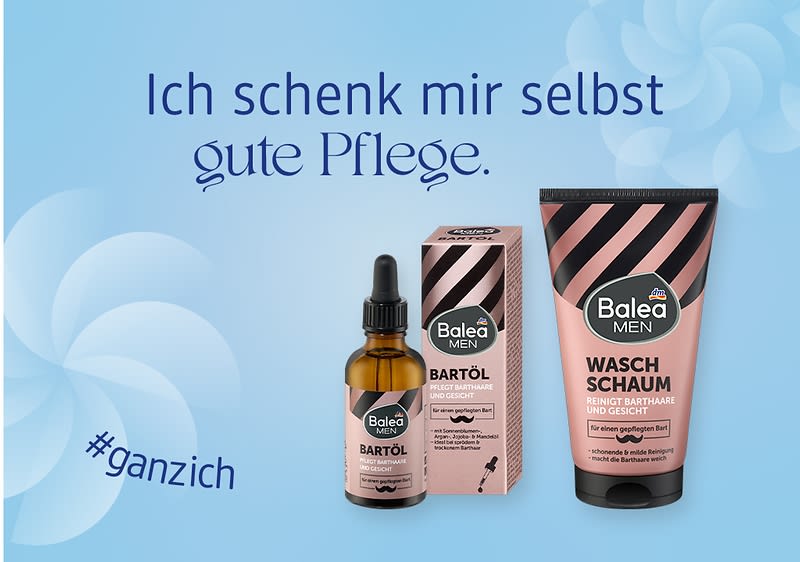 Eine Produktverpackung von Balea Men Bartöl und Waschschaum mit rosa und schwarzem Design, daneben der Text „Ich schenk mir selbst gute Pflege“ und „#ganzich“ auf blauem Hintergrund