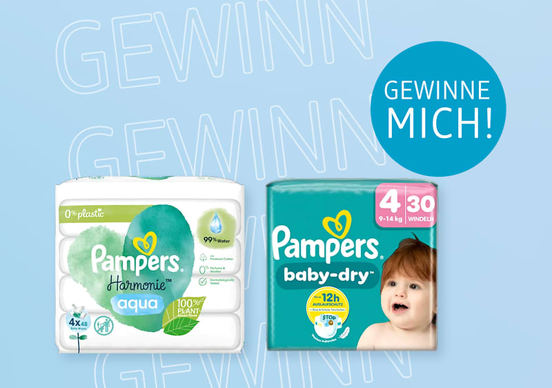 Zwei Pampers-Packungen auf blauem Hintergrund, links Pampers Harmonie Aqua, rechts Pampers Baby-Dry, daneben ein Kreis mit „Gewinne mich!“