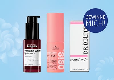 Drei Produktverpackungen: L'Oréal Vitamino Color Serum, Schwarzkopf Osis+ Soft Dust Volumenpuder, Dr. Belter Sensi-bel Creme mit „Gewinne mich!“ Text in blauem Kreis