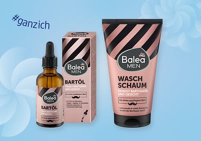 Eine braune Bartöl-Flasche und eine rosa-schwarze Waschschaum-Tube von Balea MEN, daneben die Verpackung des Bartöls mit der Aufschrift „#ganzich“