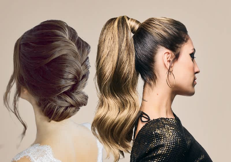 Zwei Frauenfrisuren: links ein geflochtener Dutt, rechts ein hoher Pferdeschwanz mit voluminösen Wellen