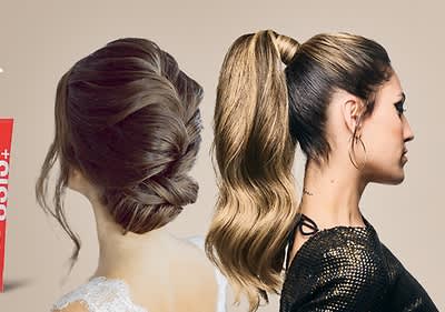 Zwei Frauen mit unterschiedlichen Frisuren, links ein eleganter Hochsteckfrisur, rechts ein hoher Pferdeschwanz mit gewellten Haaren